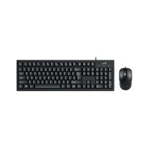 Combo Genius teclado y mouse alámbrico KM-100SE con conexión USB, teclado resistente a derrames y mouse óptico de 1200 DPI para oficina y hogar.